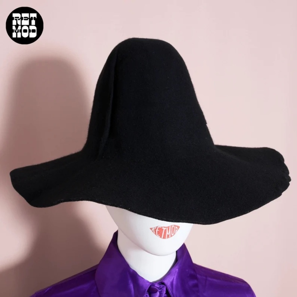 Vintage 70s Black Felt Tall Crown Wider Brim Witch Hat